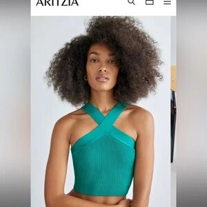 NWOT ARITZIA BABATON Sculpt Knit Criss Cross Cropped Tank Empress Green Sz Small
